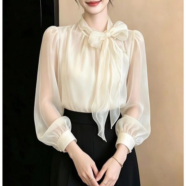 【ブラウス】大きいサイズ ボウタイ ブラウス レディース 長袖 シフォン おしゃれ きれいめ 長袖 シンプル オフィス 体型カバー 着痩せ トップス シャツ ブラウス 韓国 ブラウス 春 秋 冬 20代 30代 40代 50代 レディース フォーマル きれいめ 卒業式 入学式 卒園式 入園式 七五三 お宮参り ベージュ S M L XL 2XL