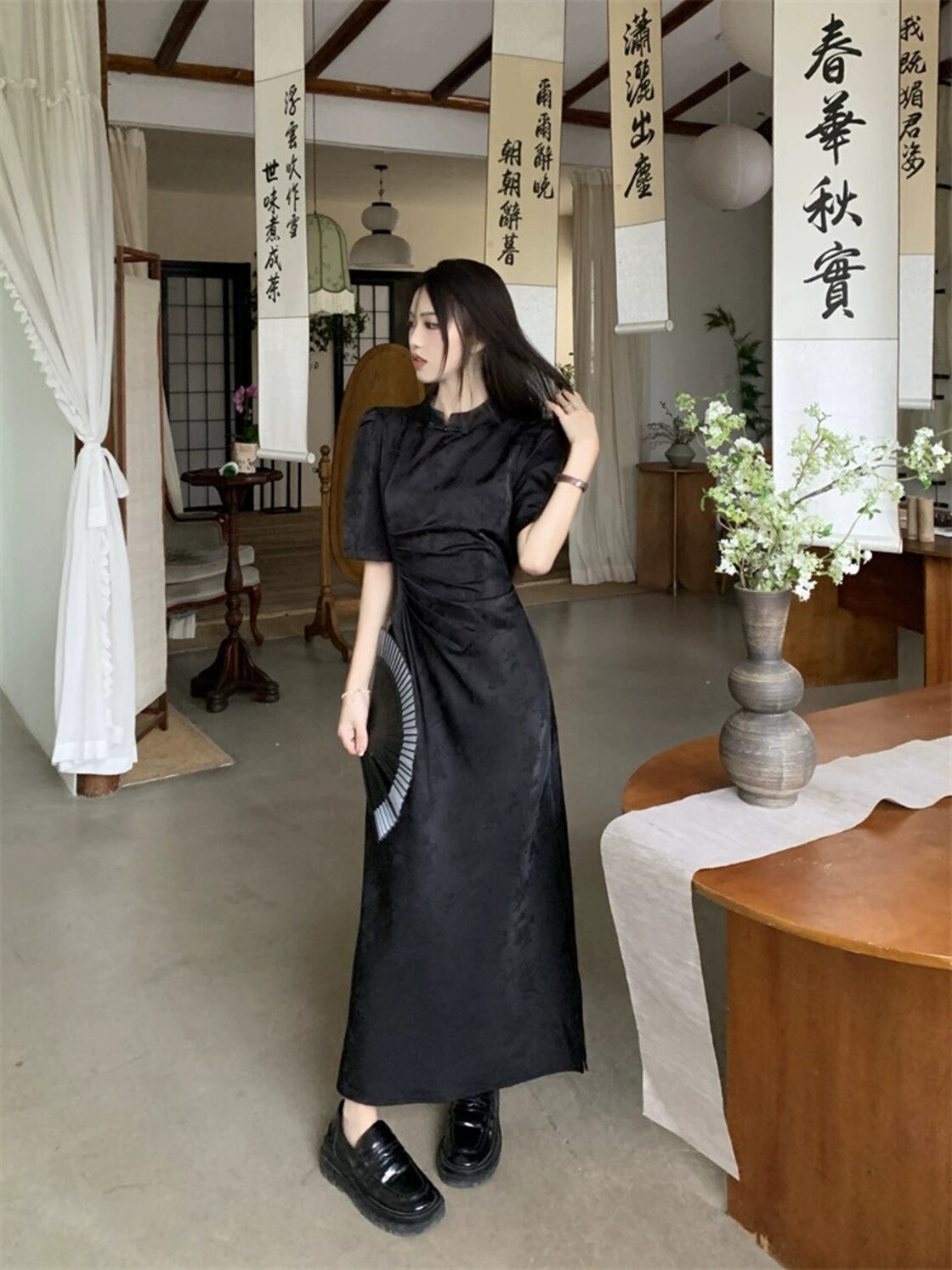 中国風の黒ダークパターン改善チャイナドレス女性の夏の 2023 新しい 