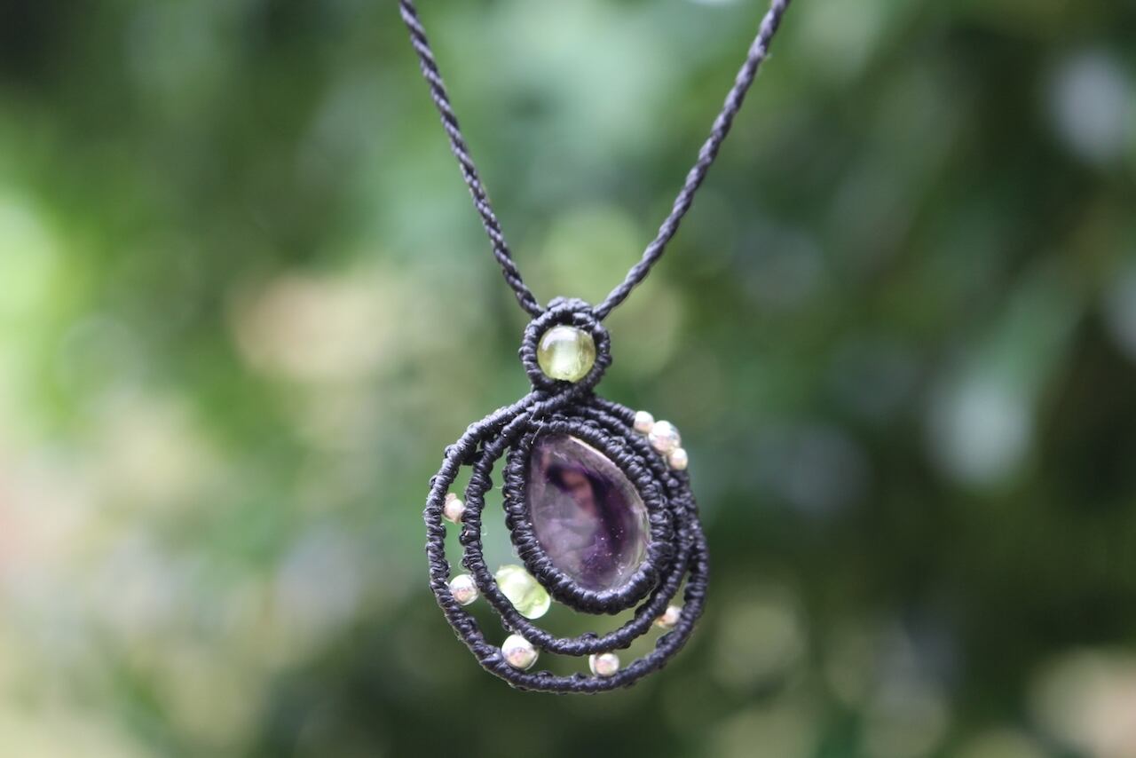 Trapiche amethyst micromacrame moon pendant