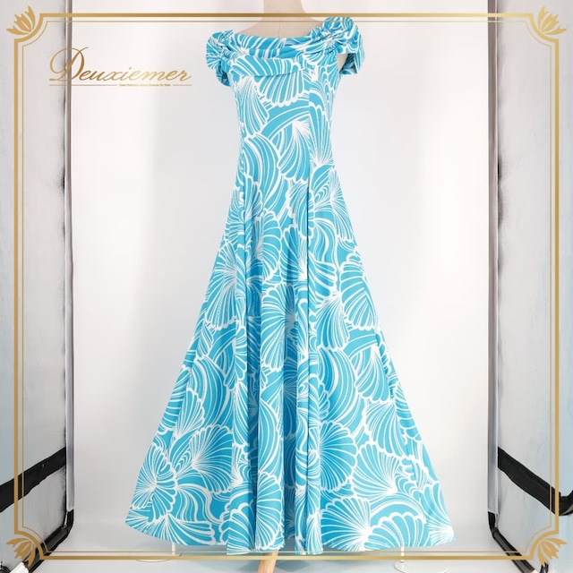 フラダンス 衣装 CC Fashions CCファッション ワンピース ブルー系 青 水色 白 ハワイアンプリント 明るい かわいい タヒチアン 柄 総柄 華やか おしゃれ ダンス衣装 イベント ステージ ハワイアン アロハ ハワイ製 ホワイト系