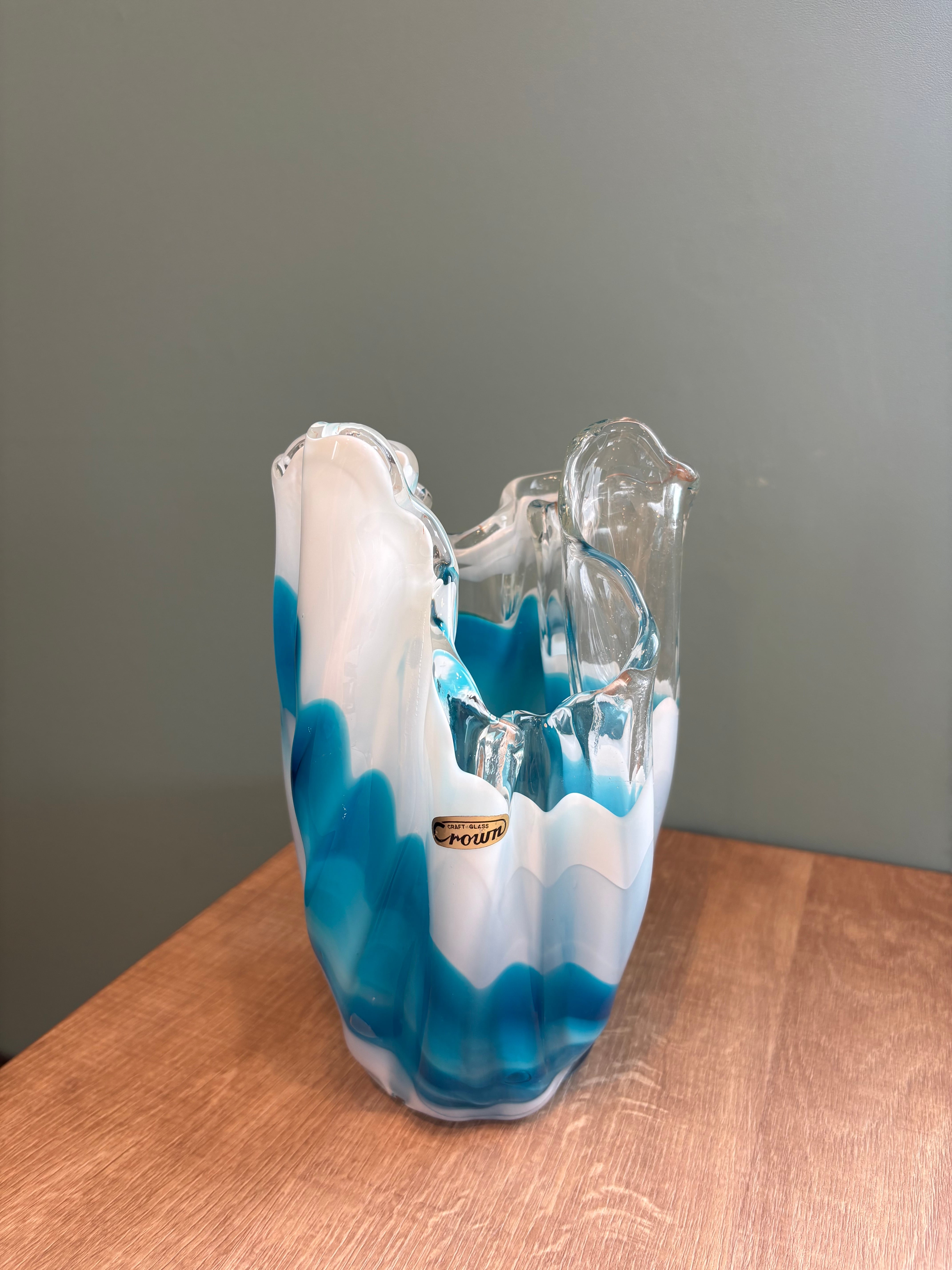 【VF-004】青と白の波模様|Crown craft glass ヴィンテージ花瓶