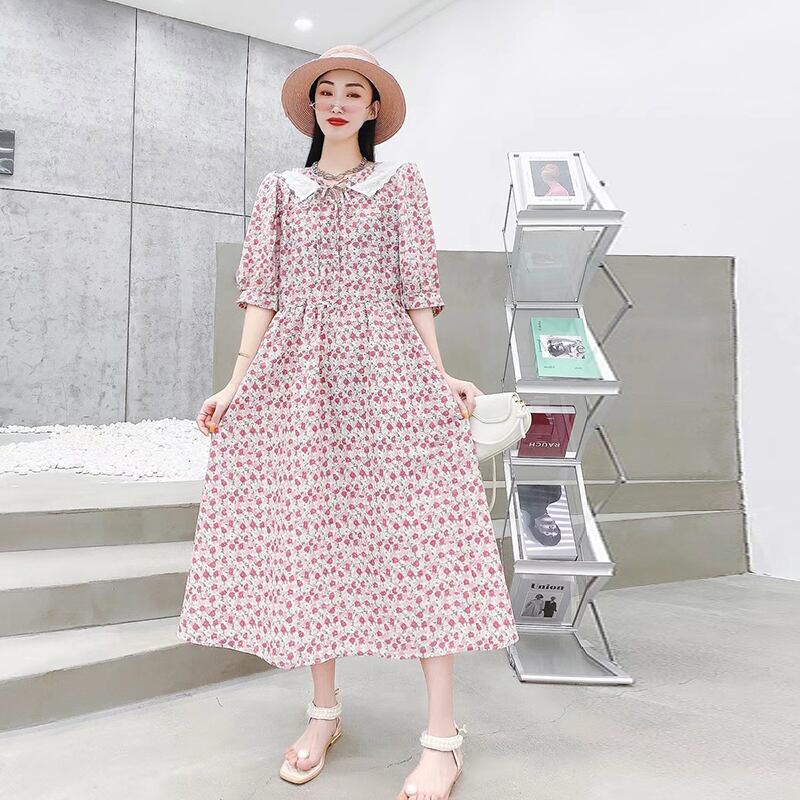 ショートサマー薄手フローラルスカート 半袖 ハーフスリーブ 大きめサイズ 夏物 花柄 ミックスインファッション675601215