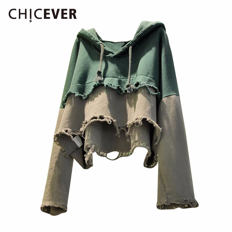 CHICEVERパッチワークヒットカラースウェットシャツ女性フード付き長袖プラスサイズゆるい擦り切れたスウェットシャツ2020服 ロング 大きめサイズ 6base578774870286