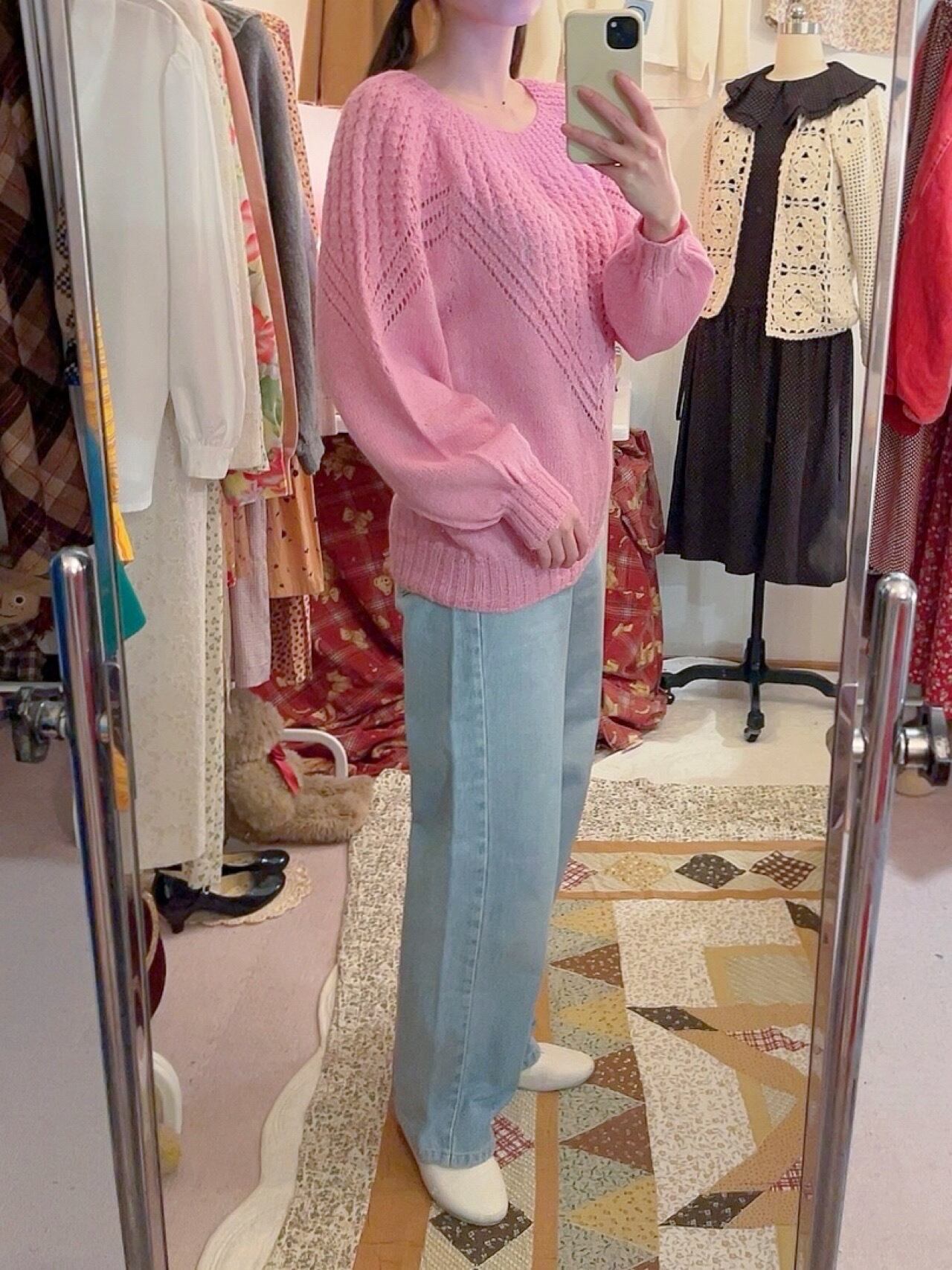 pink openwork knit sweater