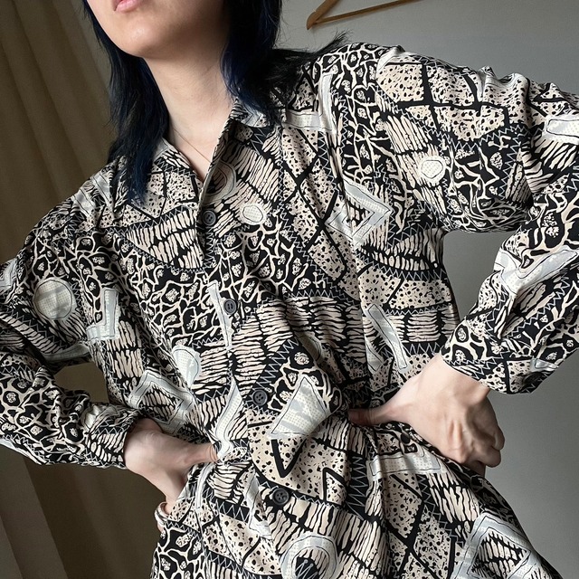 No.H 幾何学 レトロ ヴィンテージ 総柄シャツ レディース 古着 メンズ  