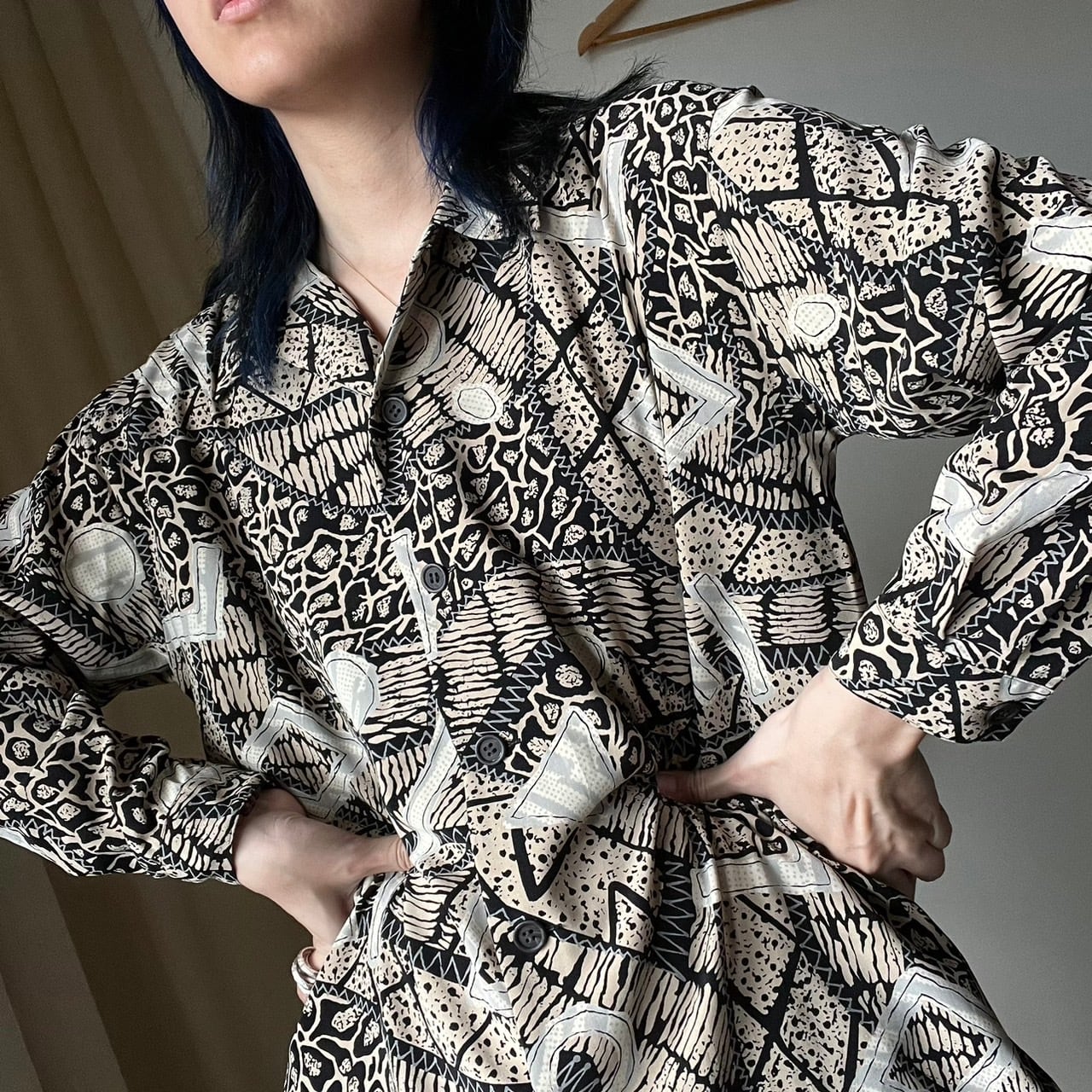 No.H 幾何学 レトロ ヴィンテージ 総柄シャツ レディース 古着 メンズ  