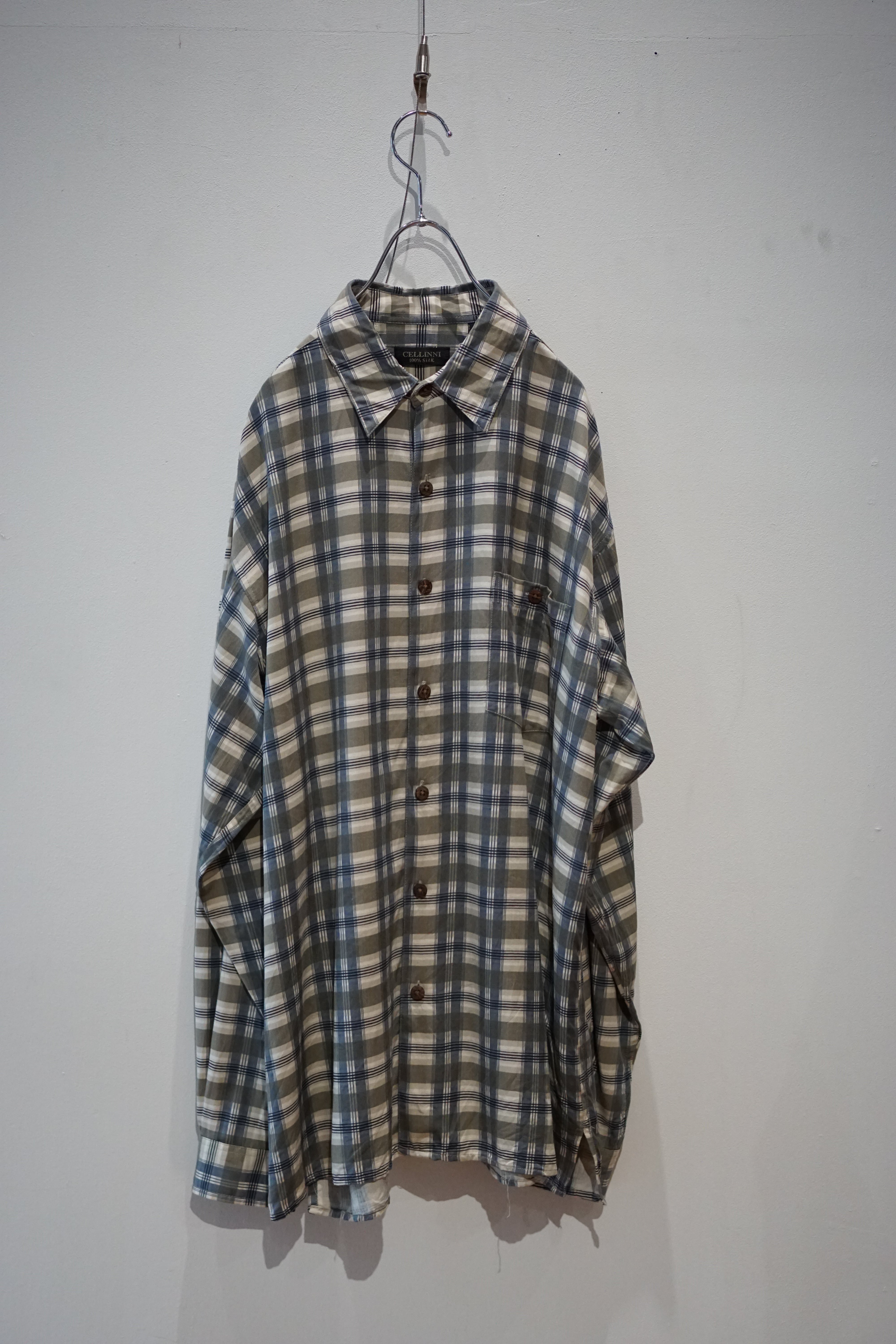 90’s CELLINI -Silk Print Check Shirt- / M / シルク チェックシャツ