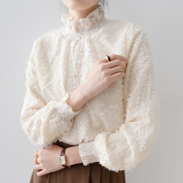 Frill neck shaggy blouse　B3634