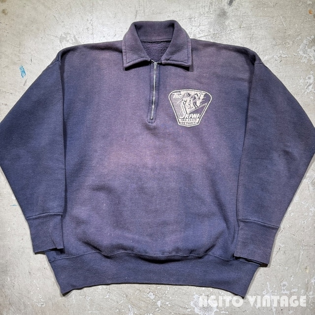 50's~60's Unknown ハーフジップスウェットシャツ The SKIWI SKI CLUB DETROIT フェード ナス紺 FALCON ピンロックジッパー XL相当 希少 ヴィンテージ BA-2643 RM3062H
