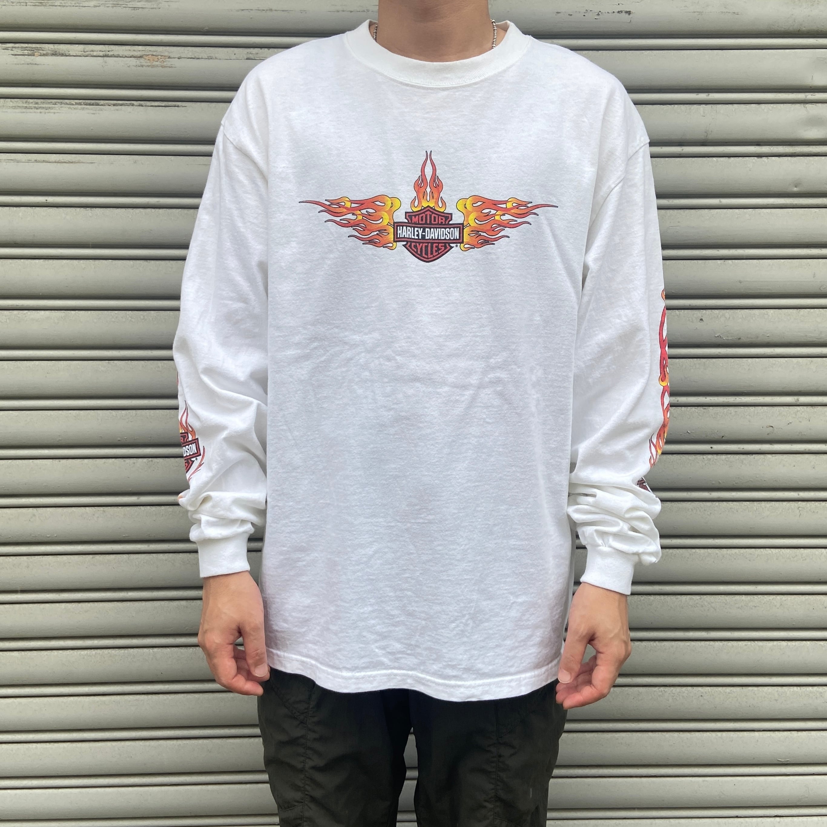 00s ハーレーダビッドソン プリントロンT フレイムパターン 白 XL相当