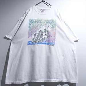 90s "RAIN CITY" White Art Print T-shirt