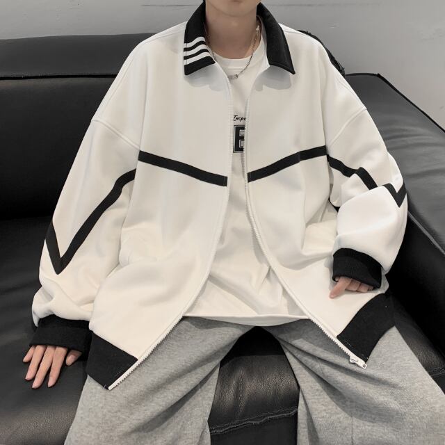 【予約販売】ジャージ スエット アウター ジップアップ 無地 ツートン バイカラー ブラック ブルー ホワイト 防寒 ジャケット ベーシック メンズ カジュアル 男前 こなれ感 お洒落 韓国 トレンド 秋 冬 M/L/XL