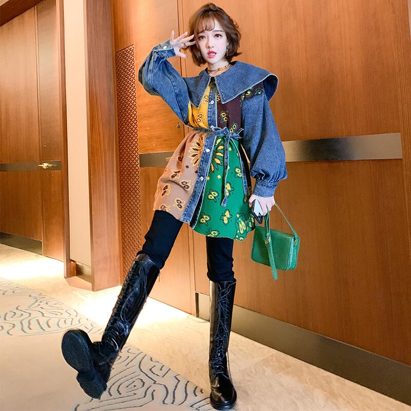 ジャカードニットネイビーウェストジャケット オータムウィンター 秋物 冬物 ステッチ MIUCO41452070102