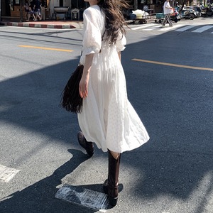 three-quarter sleeve shirring one-piece J00186