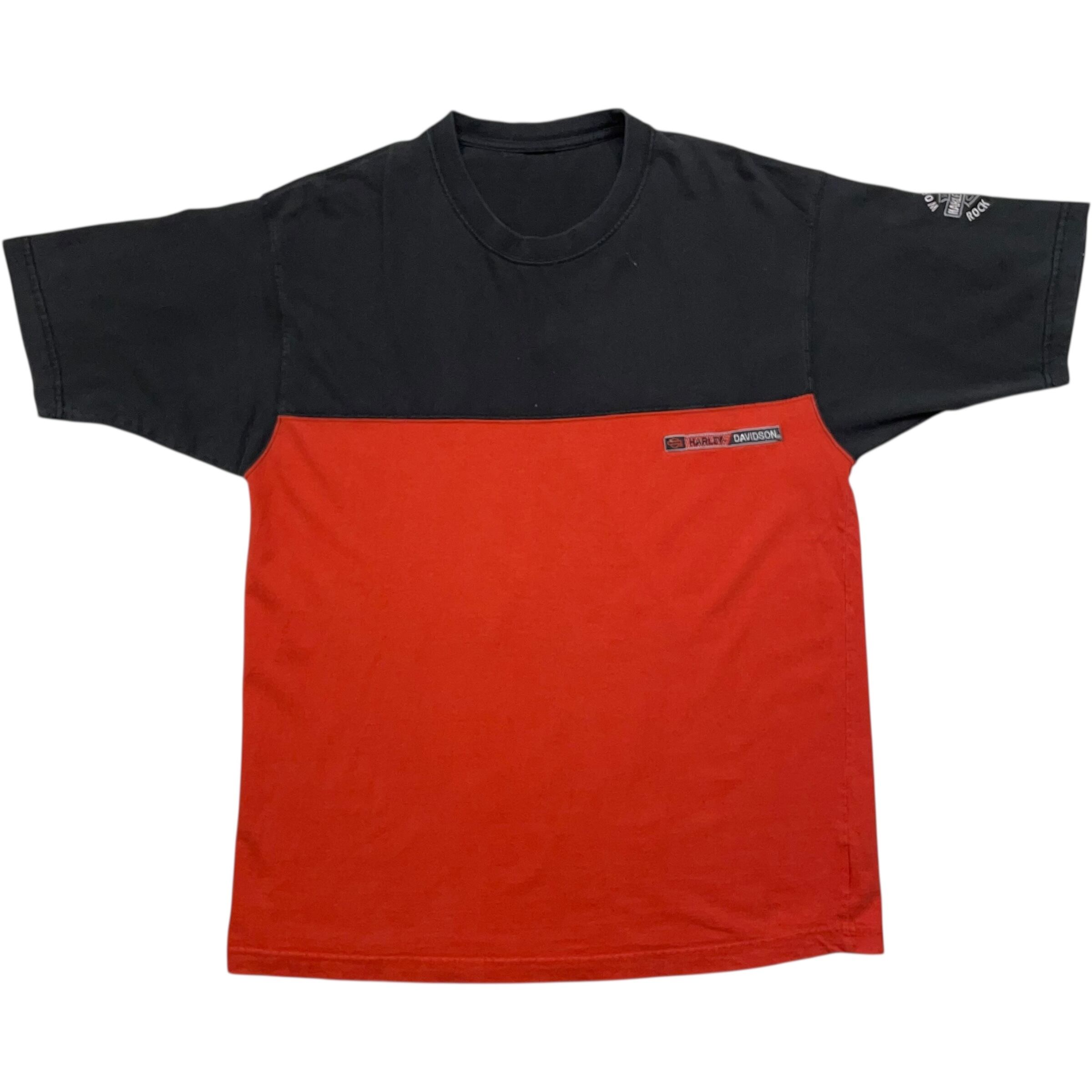 《L》 Harley-Davidson ハーレーダビッドソン Tシャツ ワンポイント 袖刺繍 切り替え ブラック オレンジ no.7952