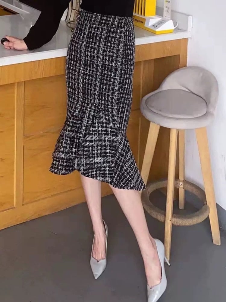 女性らしいラインを引き立てる ツイードマーメイドスカート ミディ丈 ハイウエスト エレガント フェミニン 美シルエット 大人 美脚 エレガント 大きいサイズ 韓国 CH10189
