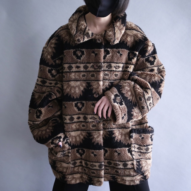 modern coloring nordic pattern loose silhouette boa fleece jacket