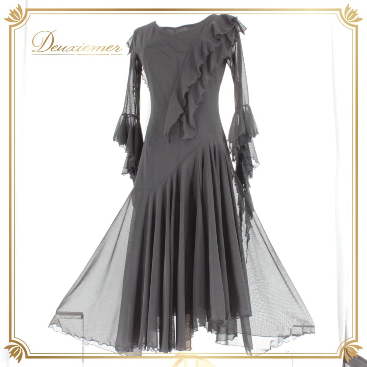 社交ダンス 衣装 スタンダード ドレス ワンピース レッスンウェア パーティドレス レディース Leirena 黒 ブラック系 無地 レース シンプル ブラックフォーマル系 モダン デザイン きれいめ シック エレガント 上品 ロングワンピース 袖あり 長袖 フレアスカート スカート丈ロング フリル ストレッチ 伸びる 体型カバー 大人かわいい ダンス用 競技用 練習用 発表会 先生用 レッスン 黒ドレス ロングドレス ウエスト切替 フロントファスナー 裾広がり レース袖 透け感 メッシュ シースルー