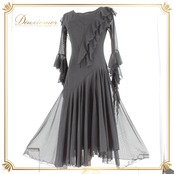 社交ダンス 衣装 スタンダード ドレス ワンピース レッスンウェア パーティドレス レディース Leirena 黒 ブラック系 無地 レース シンプル ブラックフォーマル系 モダン デザイン きれいめ シック エレガント 上品 ロングワンピース 袖あり 長袖 フレアスカート スカート丈ロング フリル ストレッチ 伸びる 体型カバー 大人かわいい ダンス用 競技用 練習用 発表会 先生用 レッスン 黒ドレス ロングドレス ウエスト切替 フロントファスナー 裾広がり レース袖 透け感 メッシュ シースルー