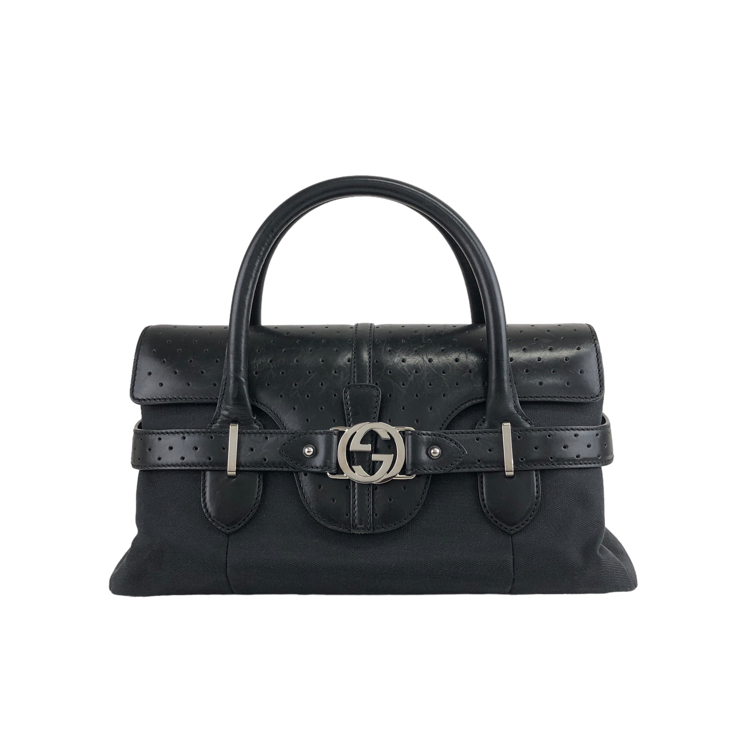 GUCCI グッチ ハンドバッグ ブラック GGロゴ レザー キャンバス