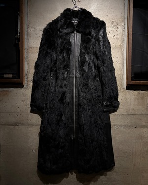 【Caka】Rabbit Fur × Leather Switch Vintage Double Zip Long Coat