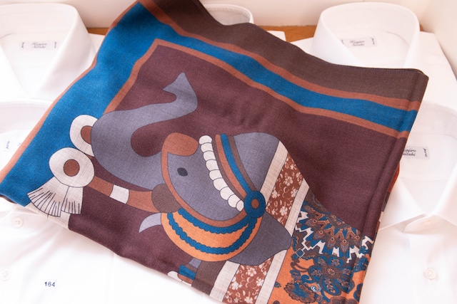 Men's scarf " Elephant, Horse and Camel " brown × bleu