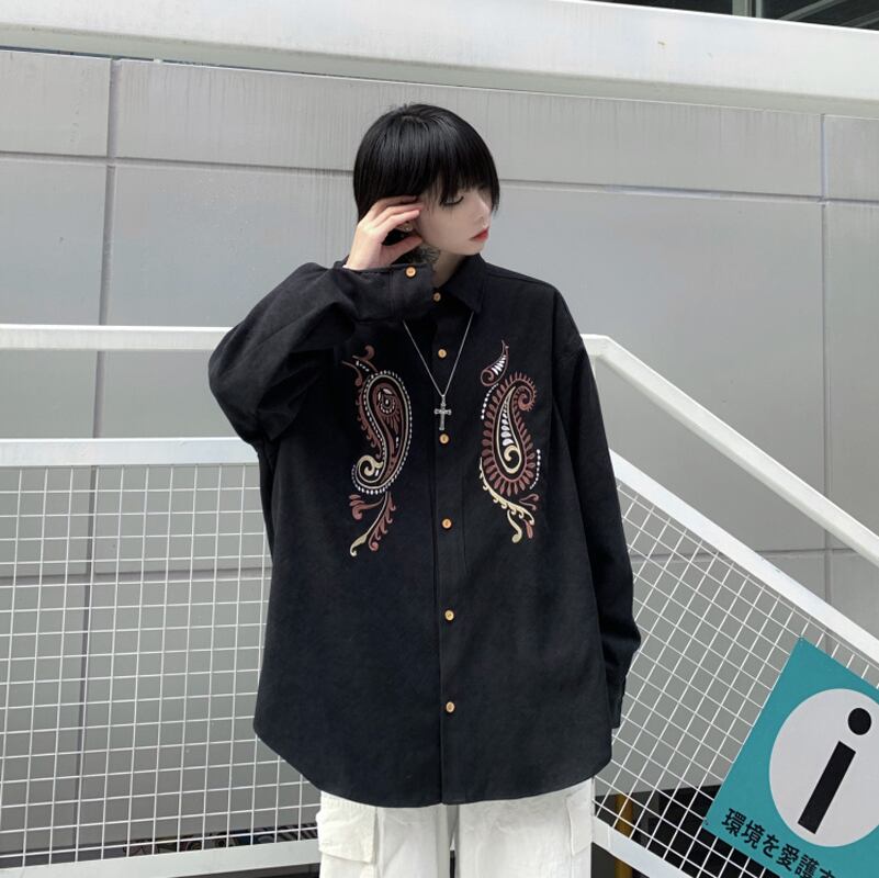 都谷シリーズ チャイナ風シャツ トップス 刺繍 男女兼用衣装 原宿風 カップル服 メンズ ブラック 黒い M L Xl Elegant 都谷シリーズ チャイナ風シャツ トップス 刺繍 男女兼用衣装 原宿風 カップル服 メンズ ブラック 黒い M L Xl Elegant