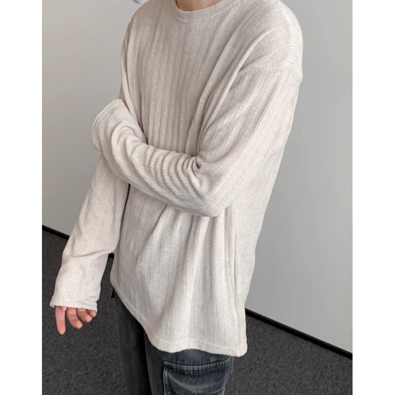 vertical ribbed knit crew neck long sleeve t-shirt mr0547