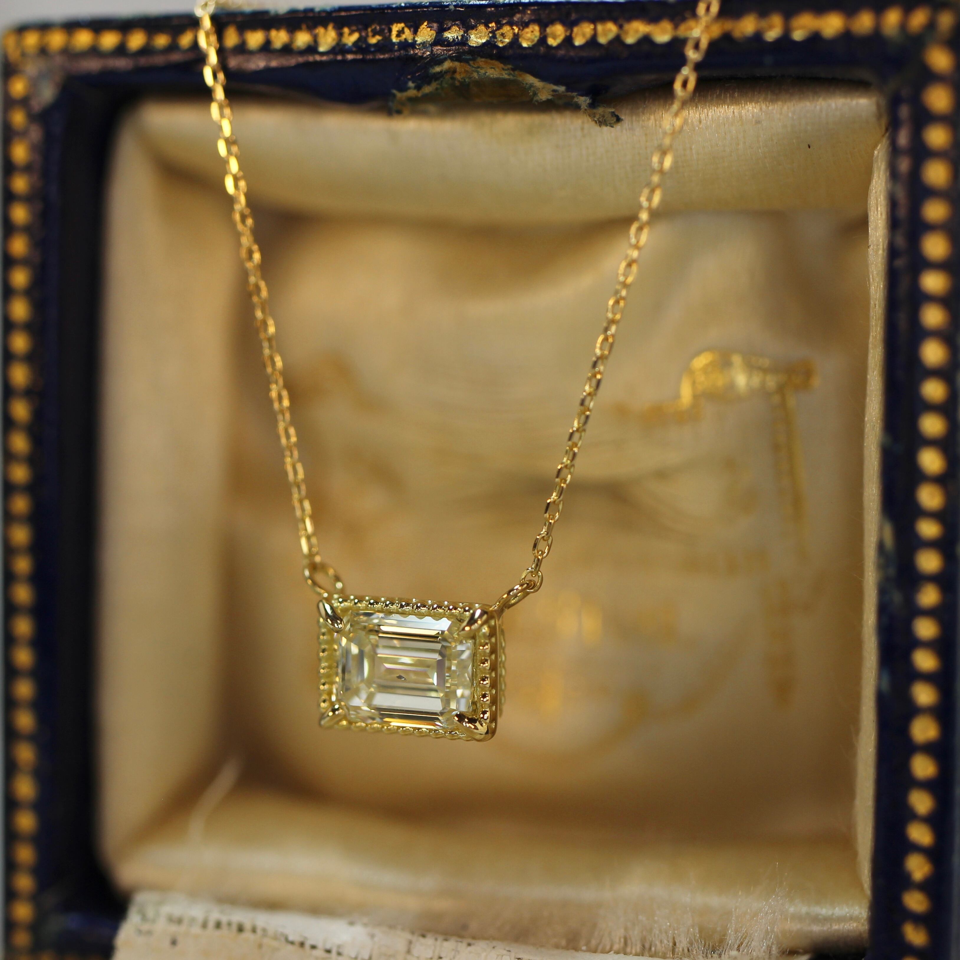 ライトイエローダイヤモンド 0 735ct Si 1 エメラルドカット 4本爪ミルフレームネックレス K18yg Mei Jewelry メイジュエリー