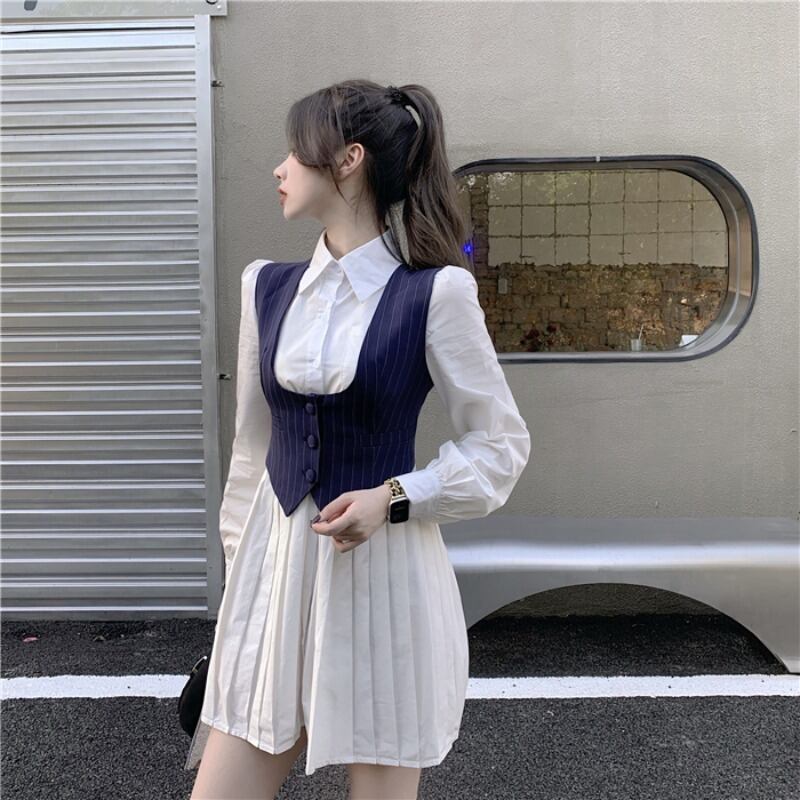 シャツ ドレス プリーツスカート オータムウィンタースタイルスタンダードウェストスリム ロング レトロ 秋物 冬物 ブラックストロベリース42233740006