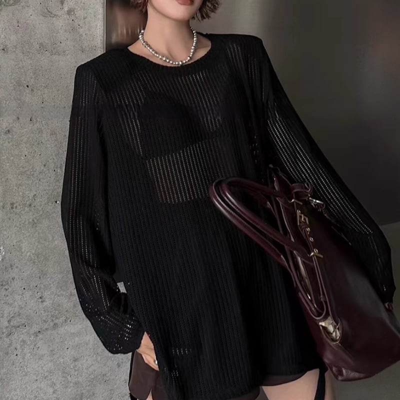Sheer rib shoulder pad pullover 3 colors V2519