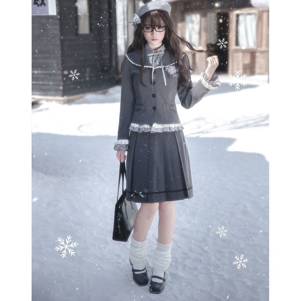 文学少女のアンティーク風フリルとリボンのグレー制服セット