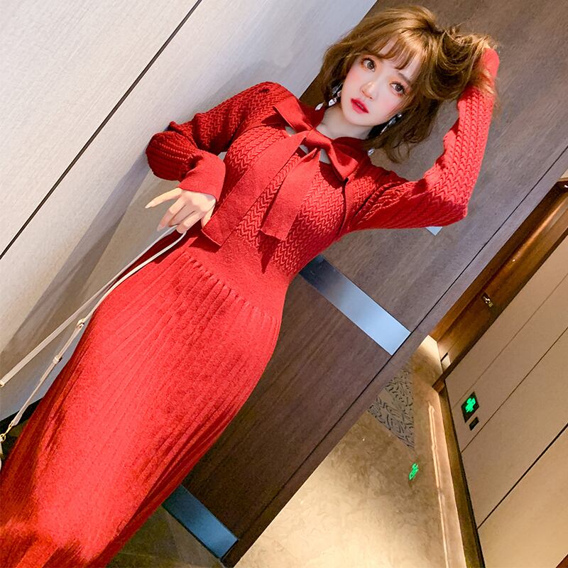 Butterflyデザイン レースニットウェスト薄手プリーツドレス ウィンター 冬物 MIUCO35302278387