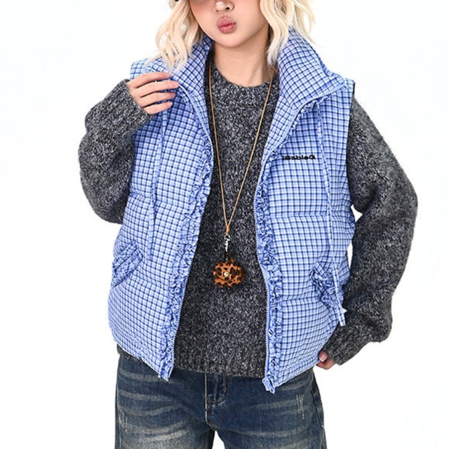 detachable blue checked ruffle blouson　取り外しブルーチェック柄フリルブルゾン　J1665