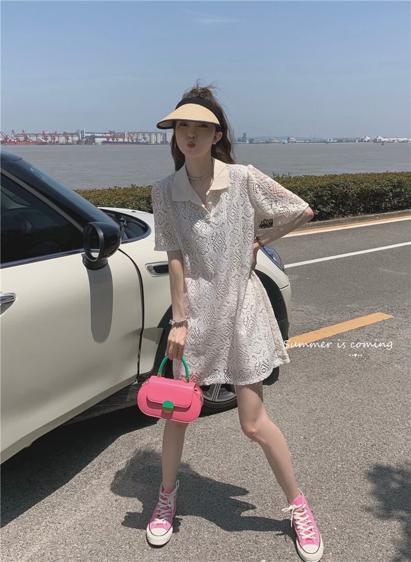 韓国系 シンプル カジュアル トップス シャツ 折り襟 ブラウス ワンピース