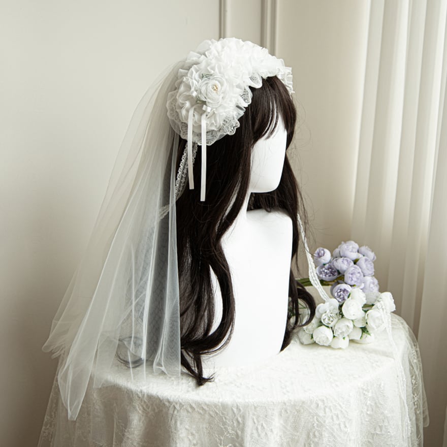 ロリィタ 量産型 ヘッドバンド ベール ホワイト PUJIオリジナル