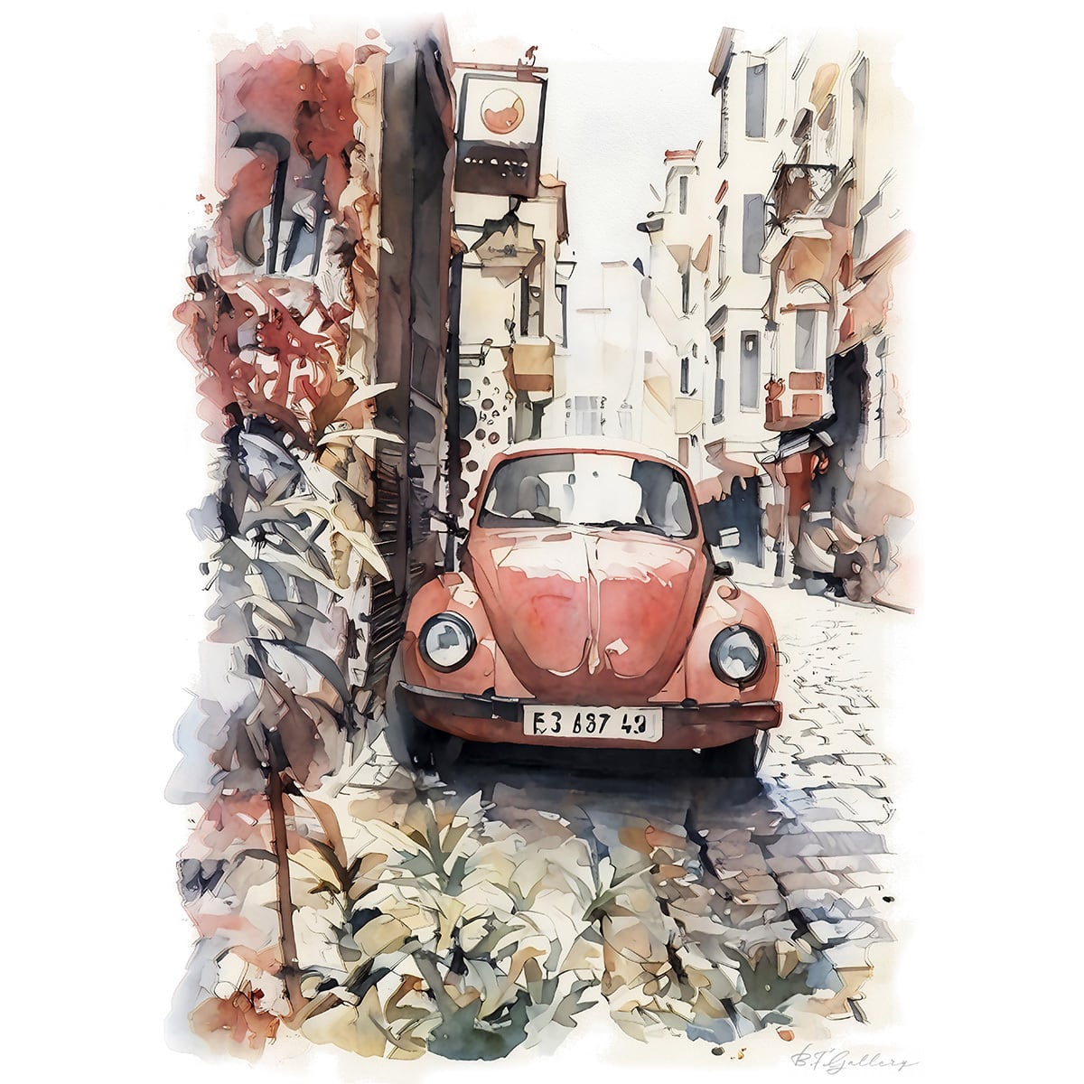 絵画 街の風景画 石畳の道に駐車されたフォルクスワーゲン ビートル