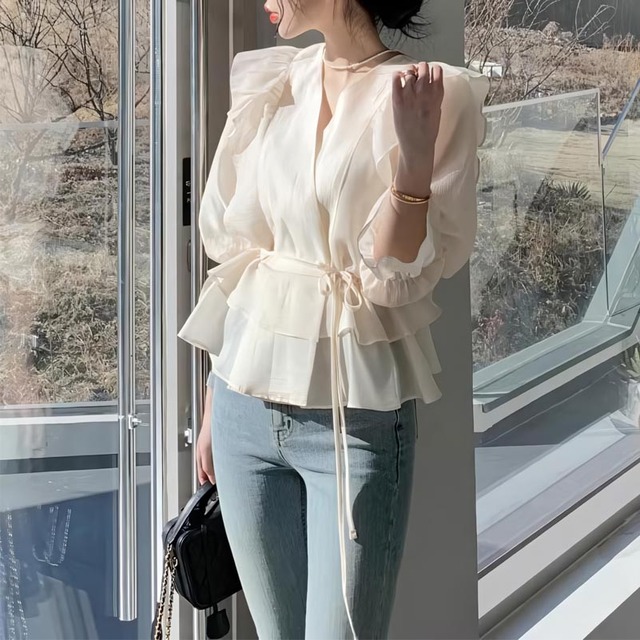 ショルダーフリルシアーブラウス♢全4色　10492