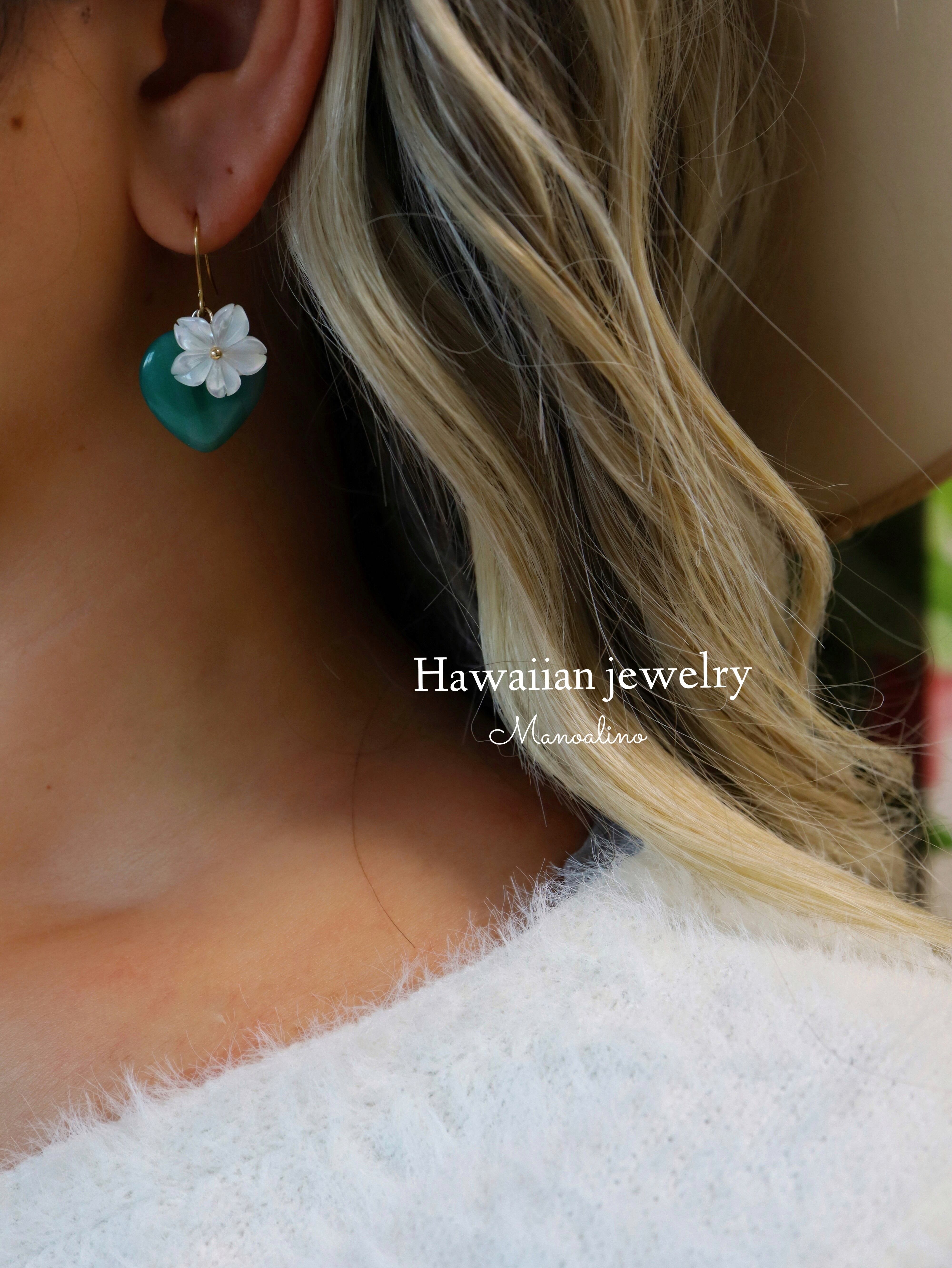 Heart Green Agate×Plumeria earring(ハートグリーンアゲート瑪瑙 