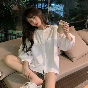 【韓国通販 dgo】七分袖 ランタンスリーブシャツ 女性 ラウンドネック 夏 2020 ファッション ボタン（A1832）
