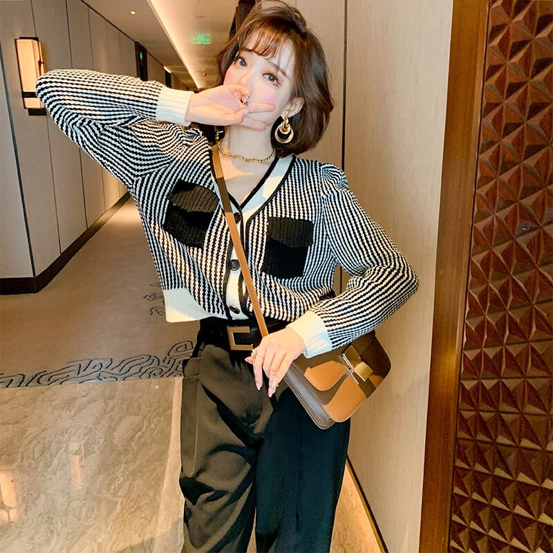 カジュアルカラーストライプポケットVネックニットカーディガンオータムウィンター 秋物 冬物 MIUCO8666014087