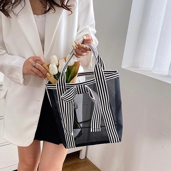 【再入荷】全4サイズメッシュストライプリボントートバッグ | ROSE AURA powered by BASE
