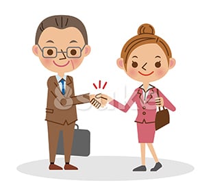 イラスト素材：握手をするビジネスマン/中年男性と若い女性（ベクター・JPG）