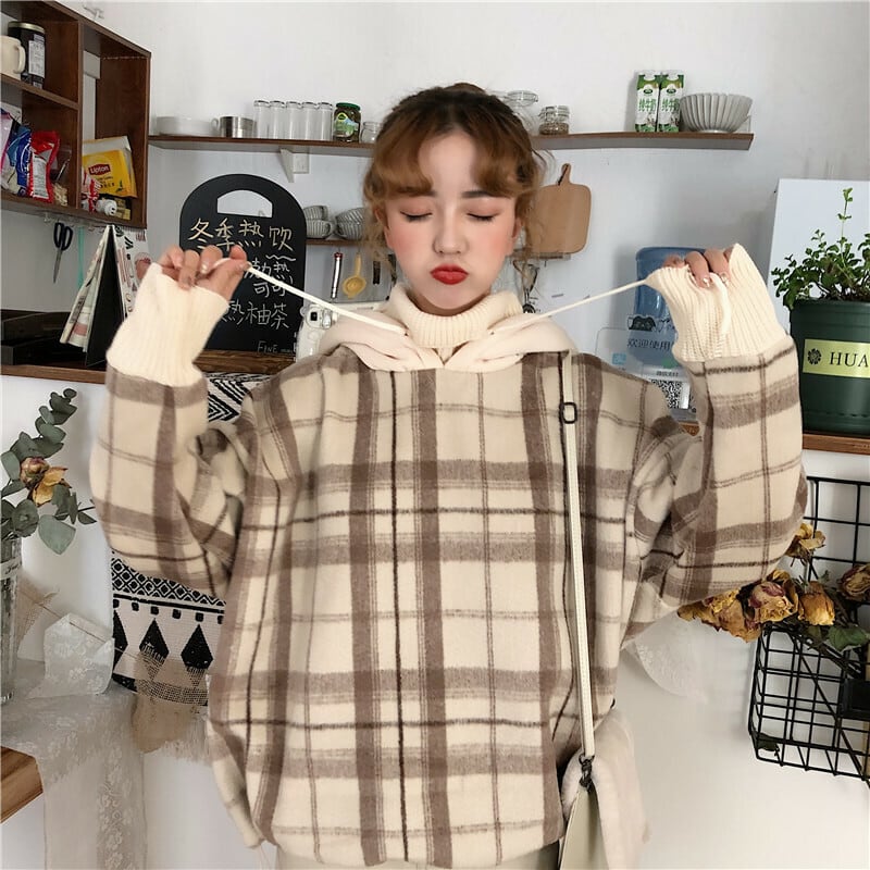 全2色 パーカー チェック柄 ニット セーター プルオーバー オーバー