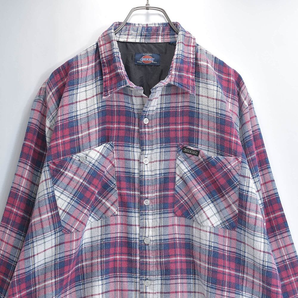 00s Dickies ディッキーズ プリントネルシャツ 長袖シャツ チェック柄 ワークシャツ アメカジ ストリート オーバーサイズ レッド ホワイト マルチカラー USED ヴィンテージ ビンテージ 古着 メンズXLサイズ相当
