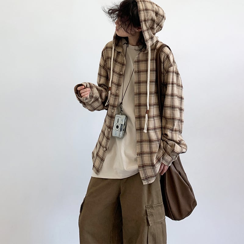 G/FORE フード付きシャツ M ベージュ jiwuus茶色フード付きチェック柄長袖シャツ | mblueshop