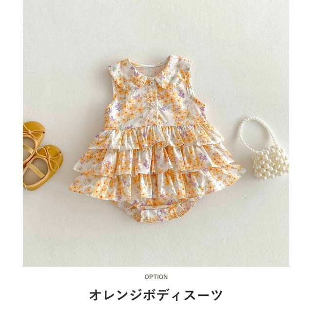 【BABY】ゴールドフラワー襟付きフリルノースリーブロンパース - 2