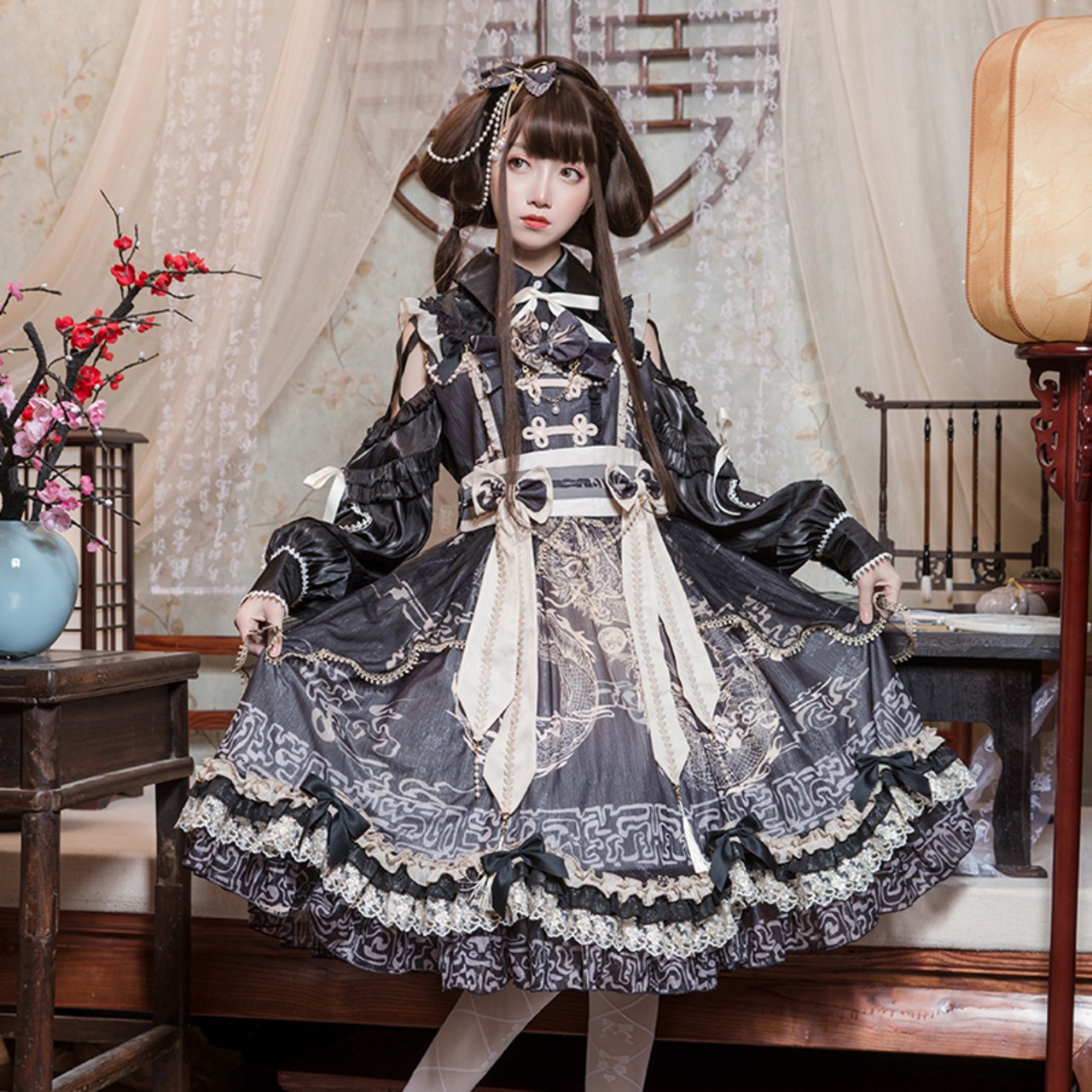 栀】「十六夜」 中華風 チャイナドレス ロリータ ゴスロリ ドレス 女装 