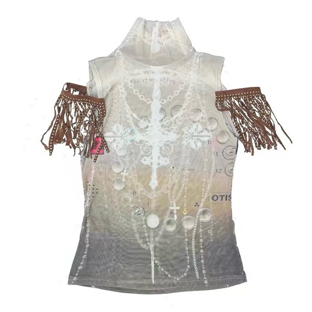 [Ttsunami] Rivet Tassel Sleeve Mesh Tank Top