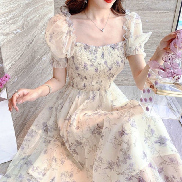 ふんわりパフスリーブ×小花柄シアーワンピース_N8